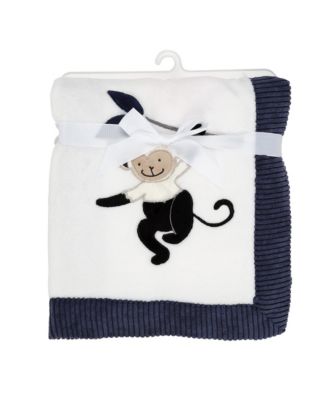 Jungle Party White/Navy Monkey Soft Fleece Baby Blanket