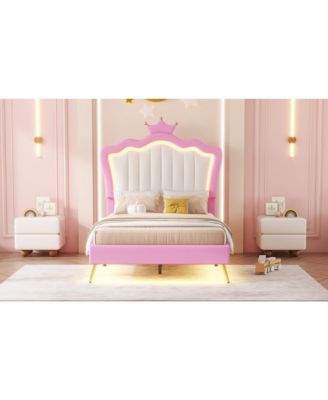 Upholstered Princess Bed with LED Crown Headboard