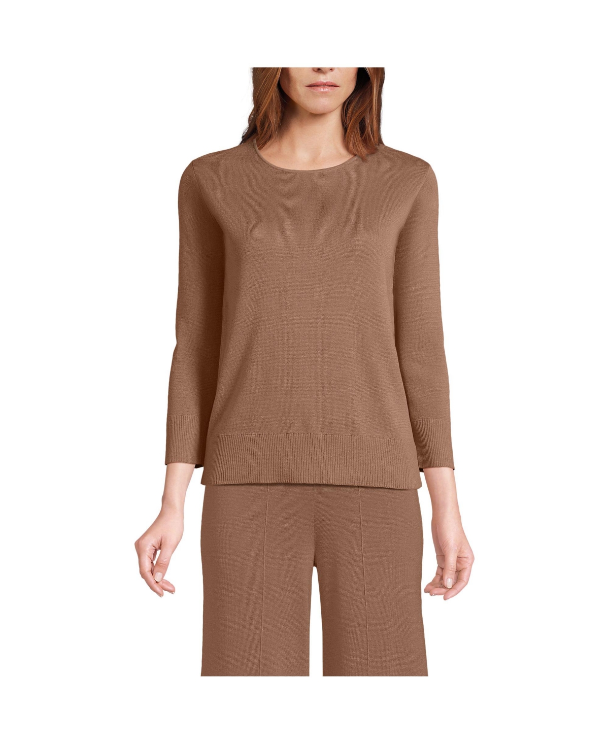 Women's 3/4 Sleeve Fine Gauge Cotton Sweater - Warm tawny brown