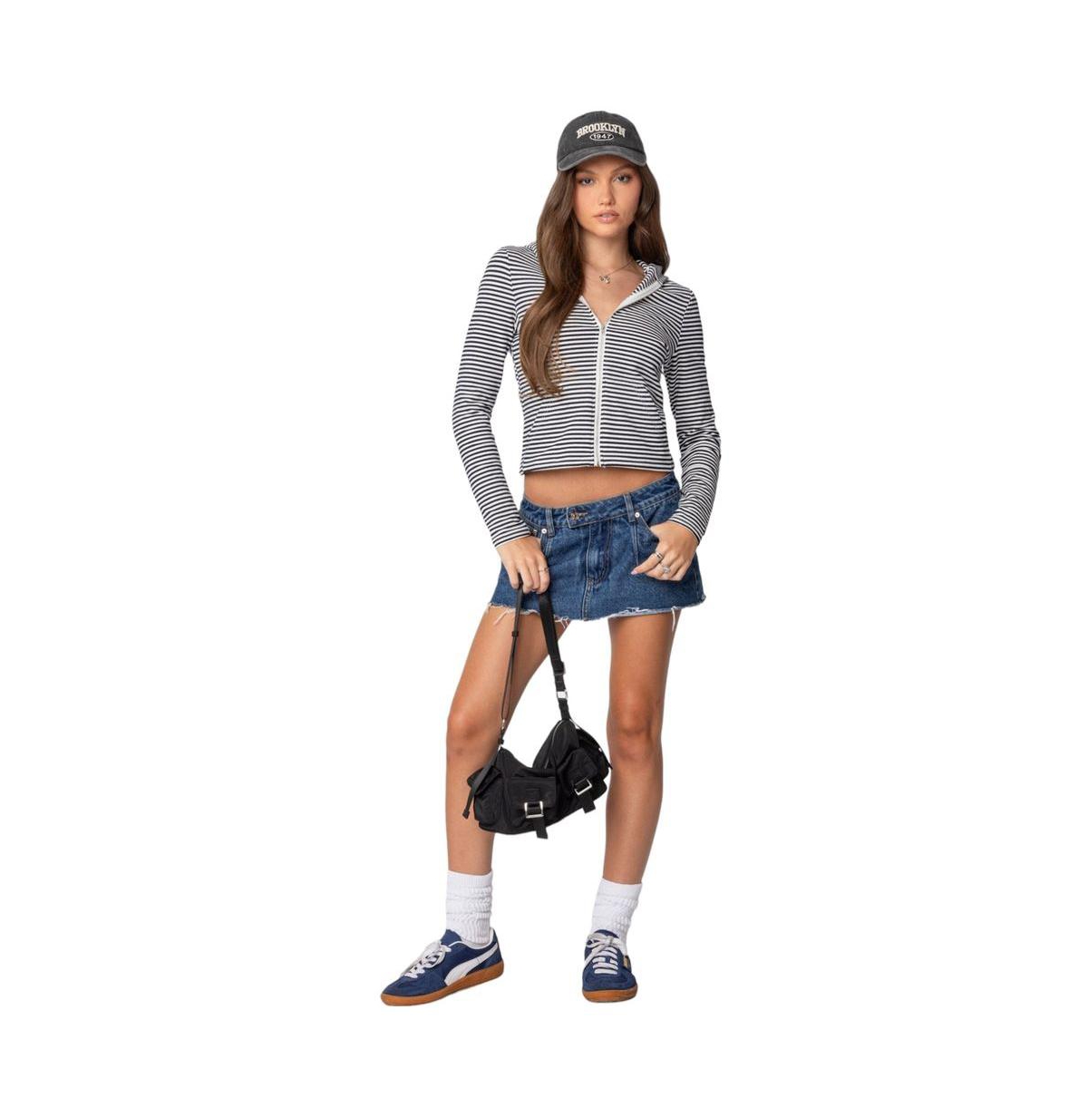 Edikted Women's Madison Striped Zip Up Hoodie - Navy-and-white