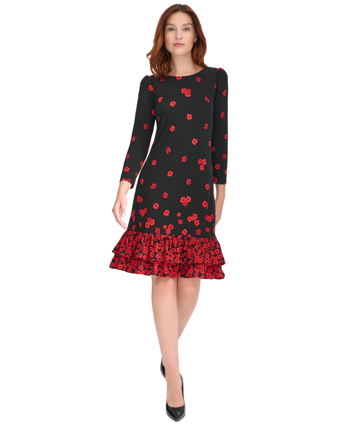 Tommy Hilfiger Women's 3/4-Sleeve Flounce-Hem Dress -Scarlet