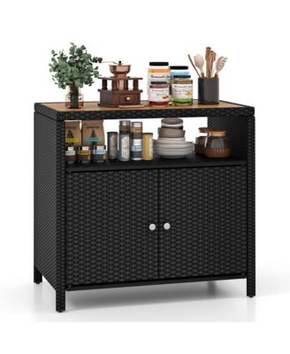 Rattan and Acacia Wood Patio Storage Cabinet with Open Shelf and 2 Doors