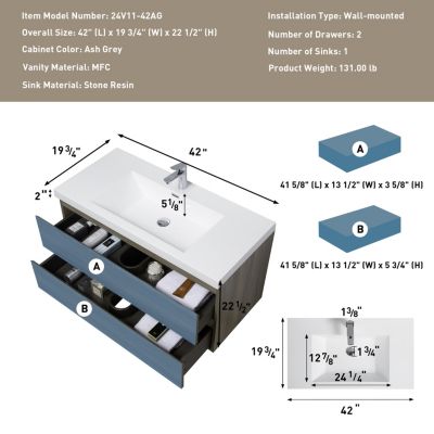 42" Floating Bathroom Vanity with Resin Sink