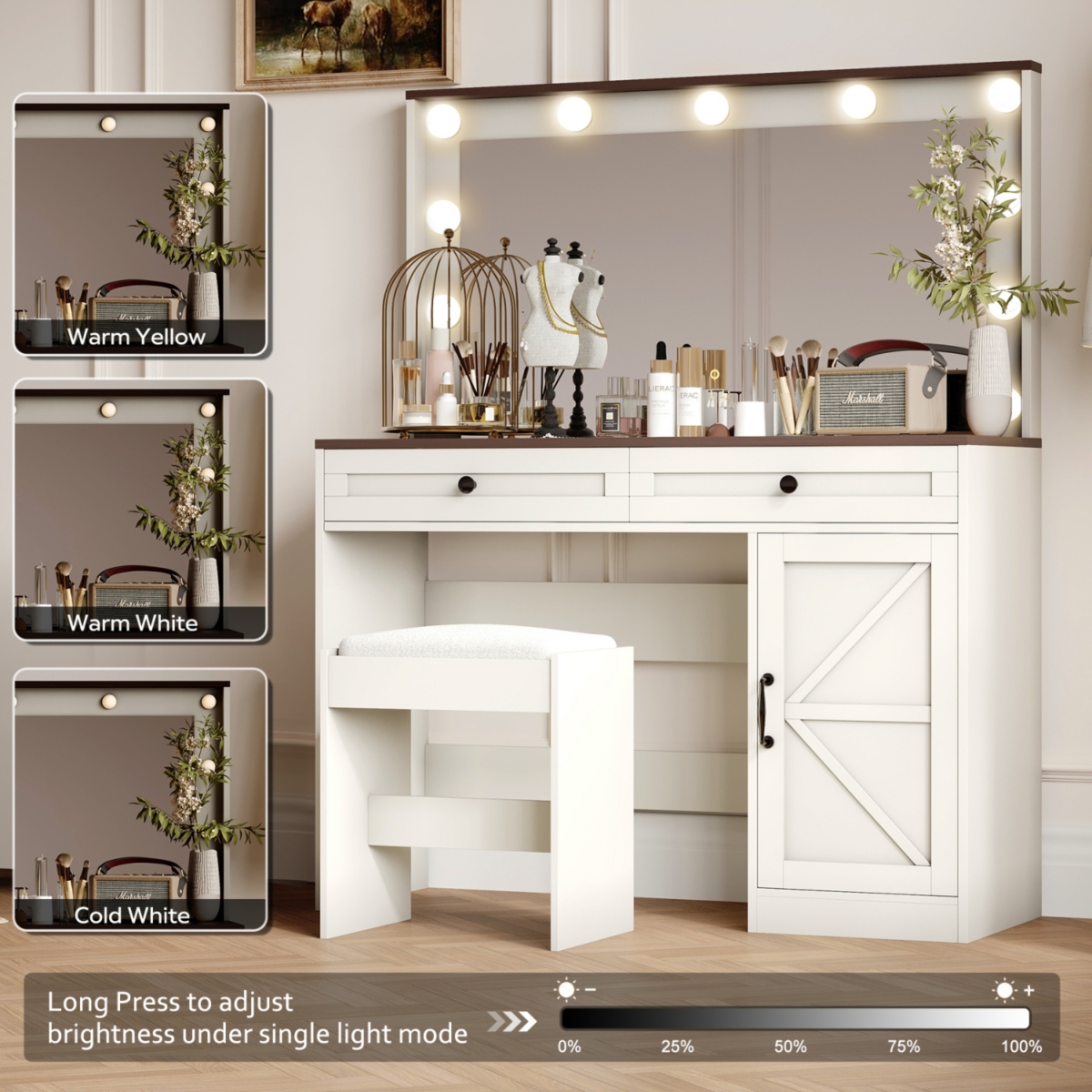 Streamdale Furniture Makeup Vanity with Large Mirror, Adjustable Led Lights, and 3 Drawers