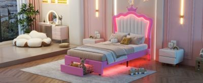 Twin Upholstered Bed with Crown Headboard and LED Lights