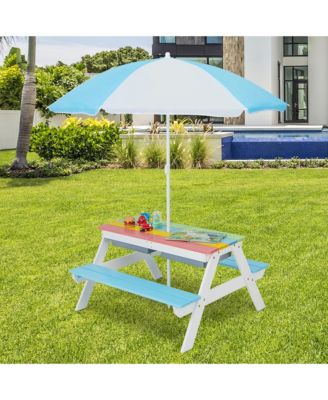 3-in-1 Kids Picnic Table Wooden Outdoor Sand & Water Table w/Umbrella Play Box es