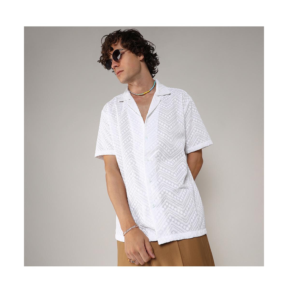 Campus Sutra Men's ChalkEmbroidered Zig-Zag Shirt - White