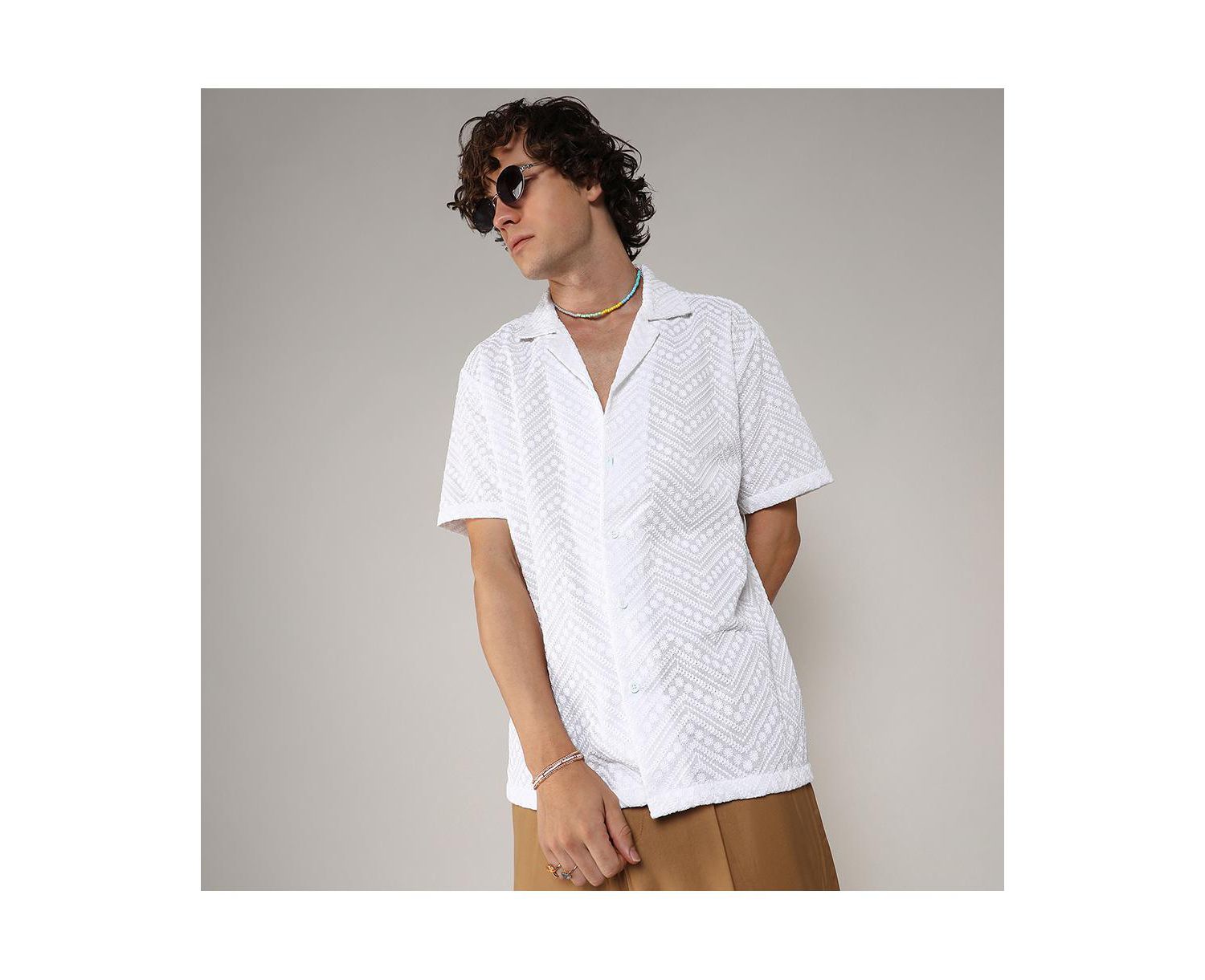 Men's Chalk White Embroidered Zig-Zag Shirt