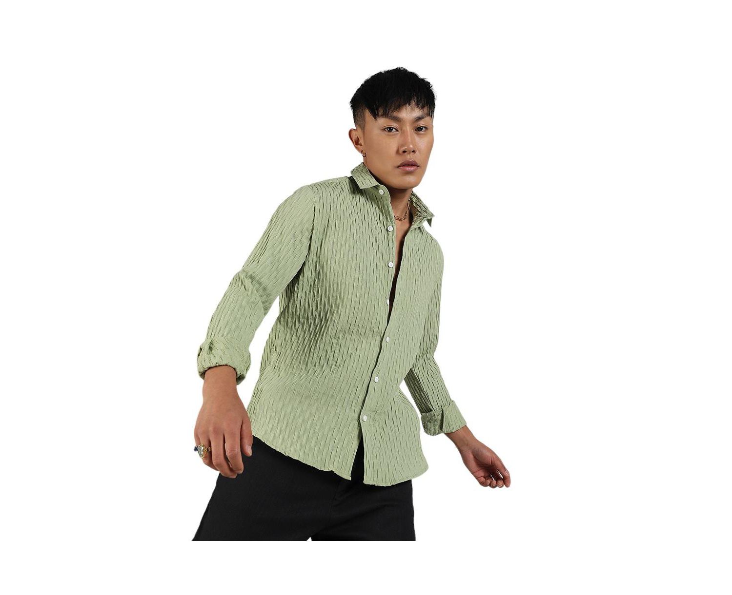Men's Pistachio Green Crinkled-Weave Shirt