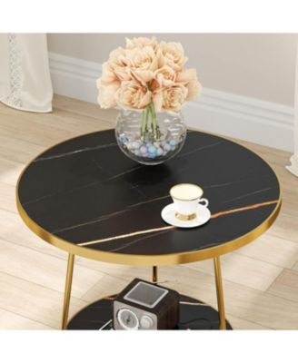 Faux Marble End Table, 2-Tier Round Side Table with Shelves, Modern Accent Table for Living Room or Bedroom