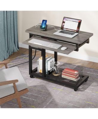 Small Portable Desk with Power Outlet, Height Adjustable Laptop Table with Wheels and USB Ports