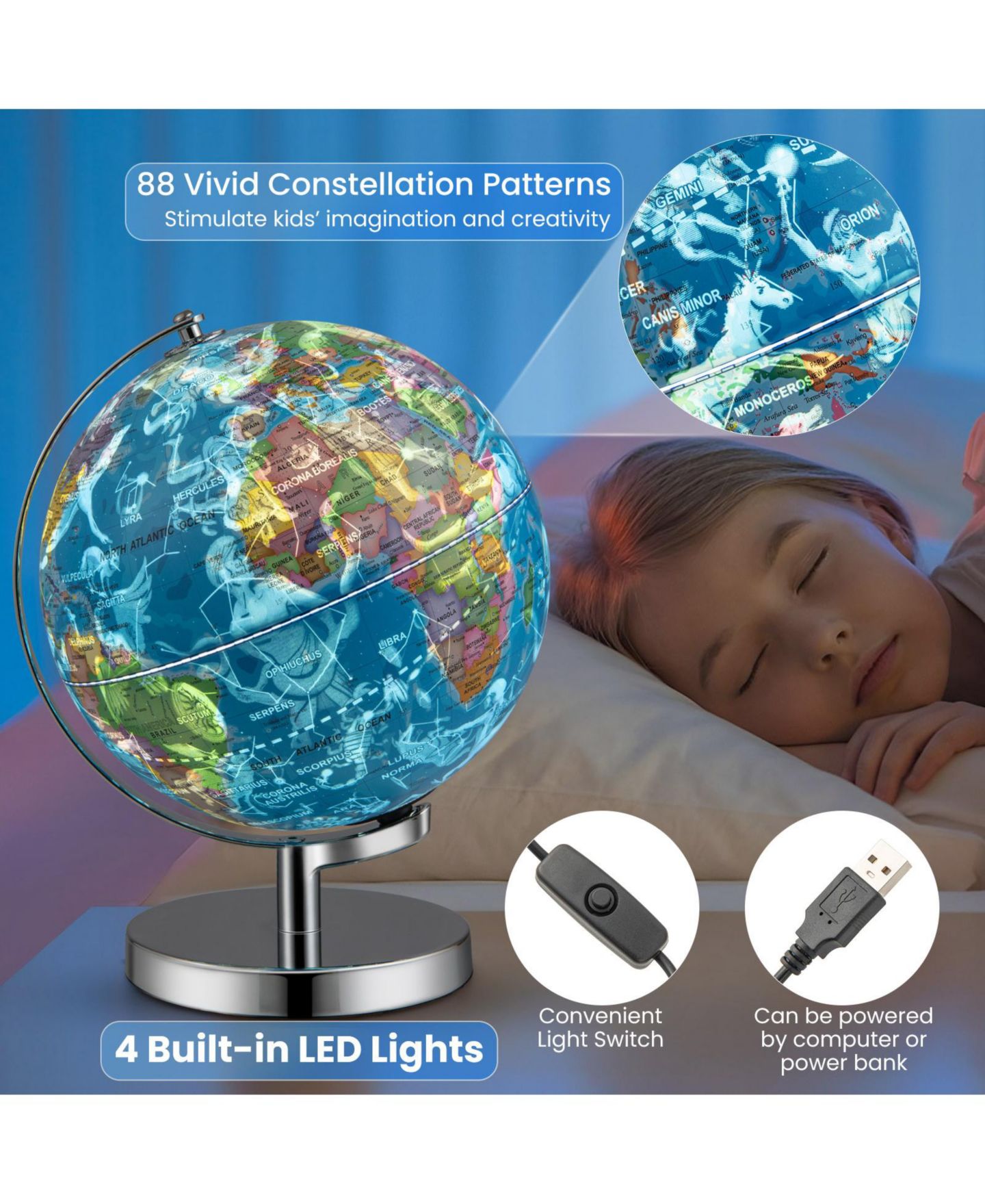 Детская игрушка VEBREDA 3-in-1 Illuminated World Globe with Stand and 88 Constellations, цвет: Синий — фото 6
