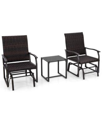 3 PCS Patio Gliding Set with Tempered Glass Coffee Table Quick Dry Foam Wicker