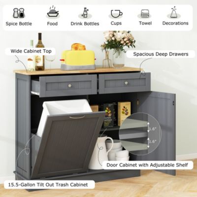 15.5 Gallon Kitchen Tilt Out Trash Cabinet Rubber Wood Tabletop 2 Drawers