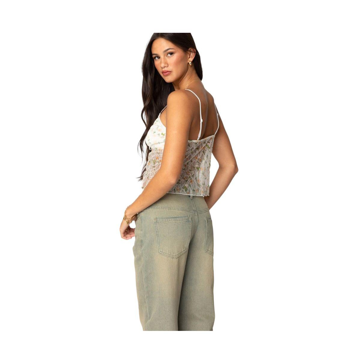 Edikted Women's Flowery Sheer Embroidered Top