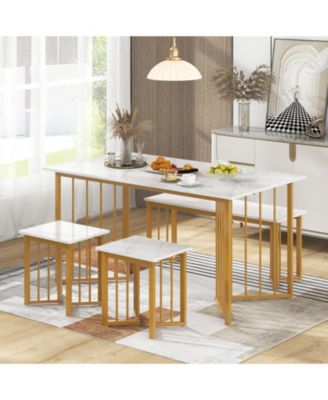 4 Piece Dining Table Set with Bench and 2 Stools-White