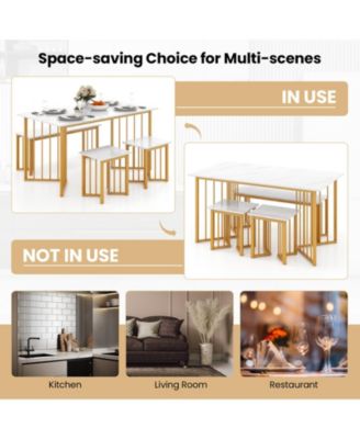 4 Piece Dining Table Set with Bench and 2 Stools-White