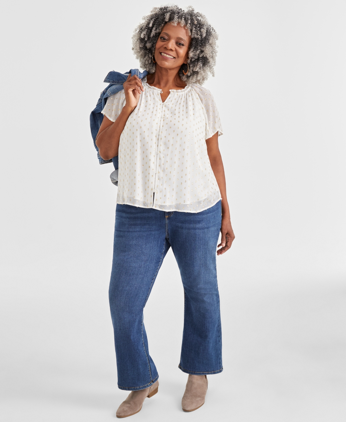 Style & Co Plus Size Flutter-Sleeve Shine Blouse, Created for Macy's