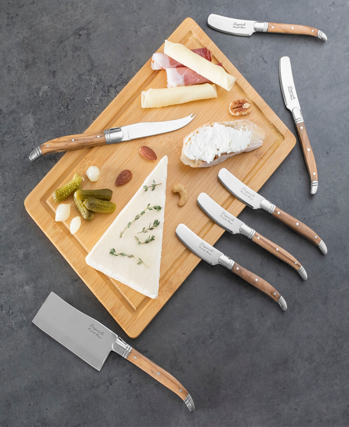 French Home Connoisseur Laguiole 8 Piece Cheese Knife Set With Spreader And Board In Wood,brown