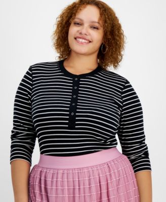 On 34th - Plus Size Long-Sleeve Rib-Knit Henley T-Shirt