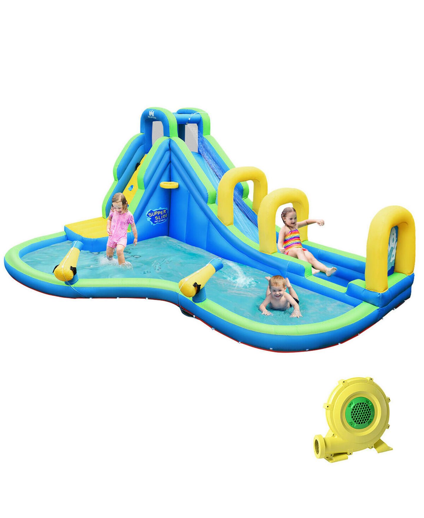 Детская игрушка Costway Inflatable Water Slide Bounce House, 188"L x 144"W x 95.5"H, Holds Up to 4 Kids, от 4 лет, цвет: Синий — фото 1