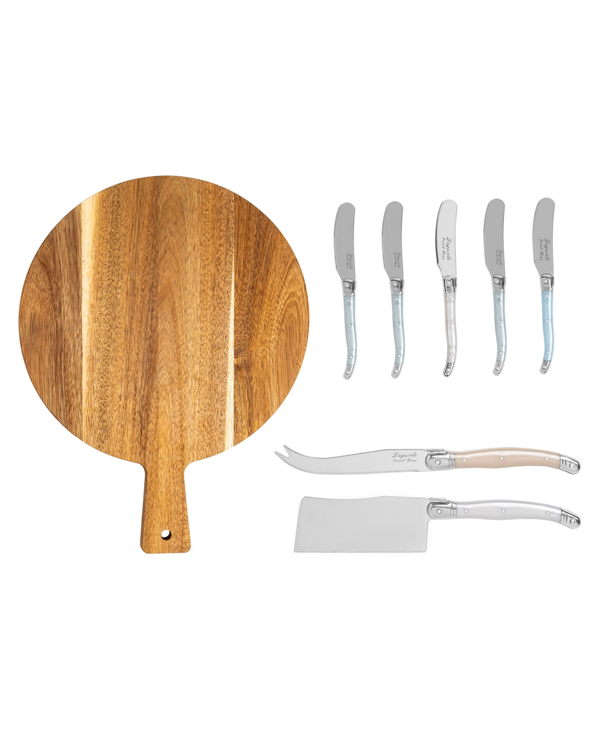 French Home Laguiole 8 Piece Cheese Knife And Spreader Set Handles And Wood Board In Gray