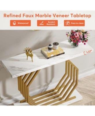 Gold Console Table, Faux Marble Entryway Narrow Sofa Table with Geometric Metal Base, 40 Inch Modern Accent Entrance Table