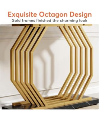Gold Console Table, Faux Marble Entryway Narrow Sofa Table with Geometric Metal Base, 40 Inch Modern Accent Entrance Table
