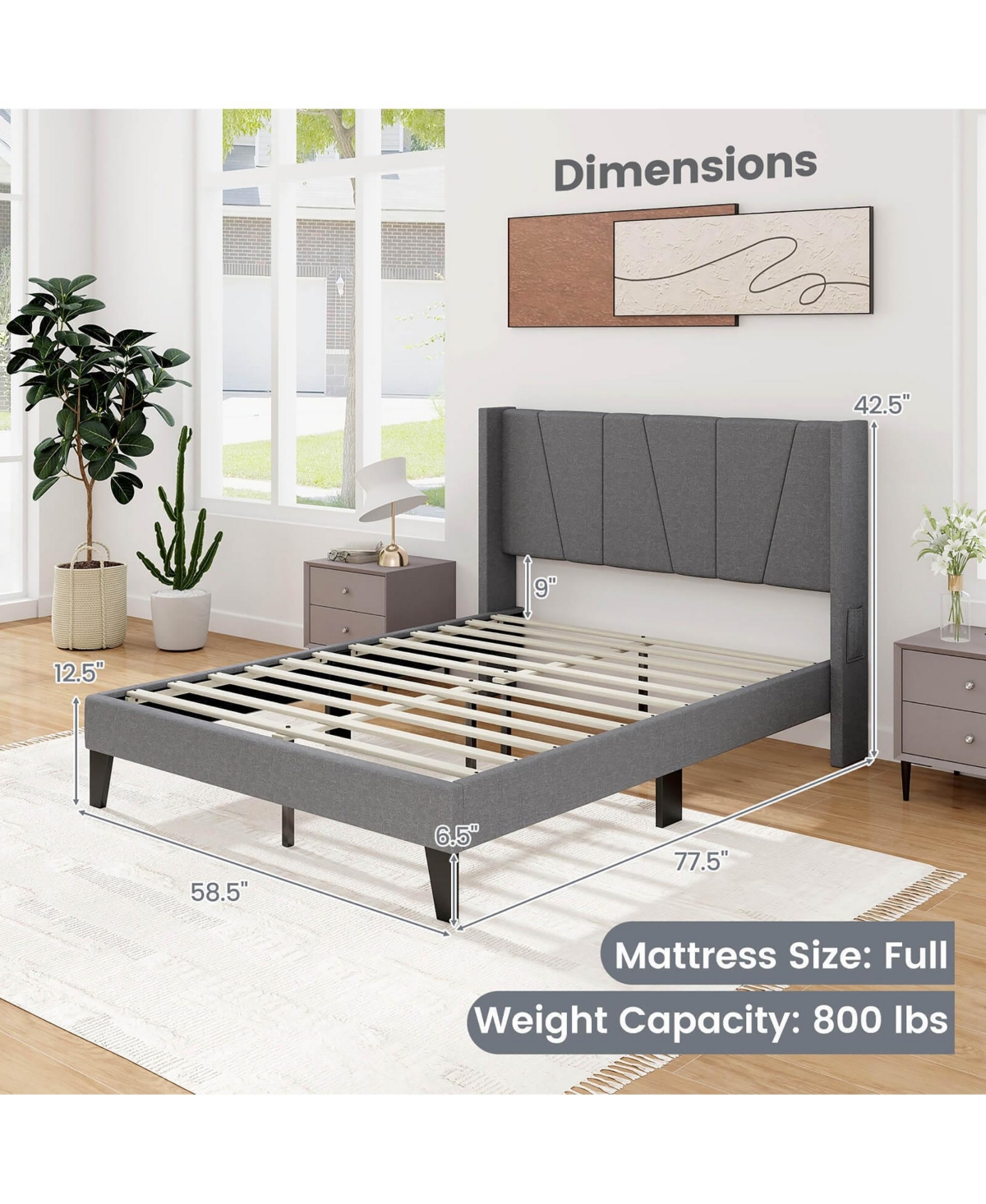 Gymax Full Bed Frame w/ Elastic Pockets Mattress Foundation Gray - Grey+white
