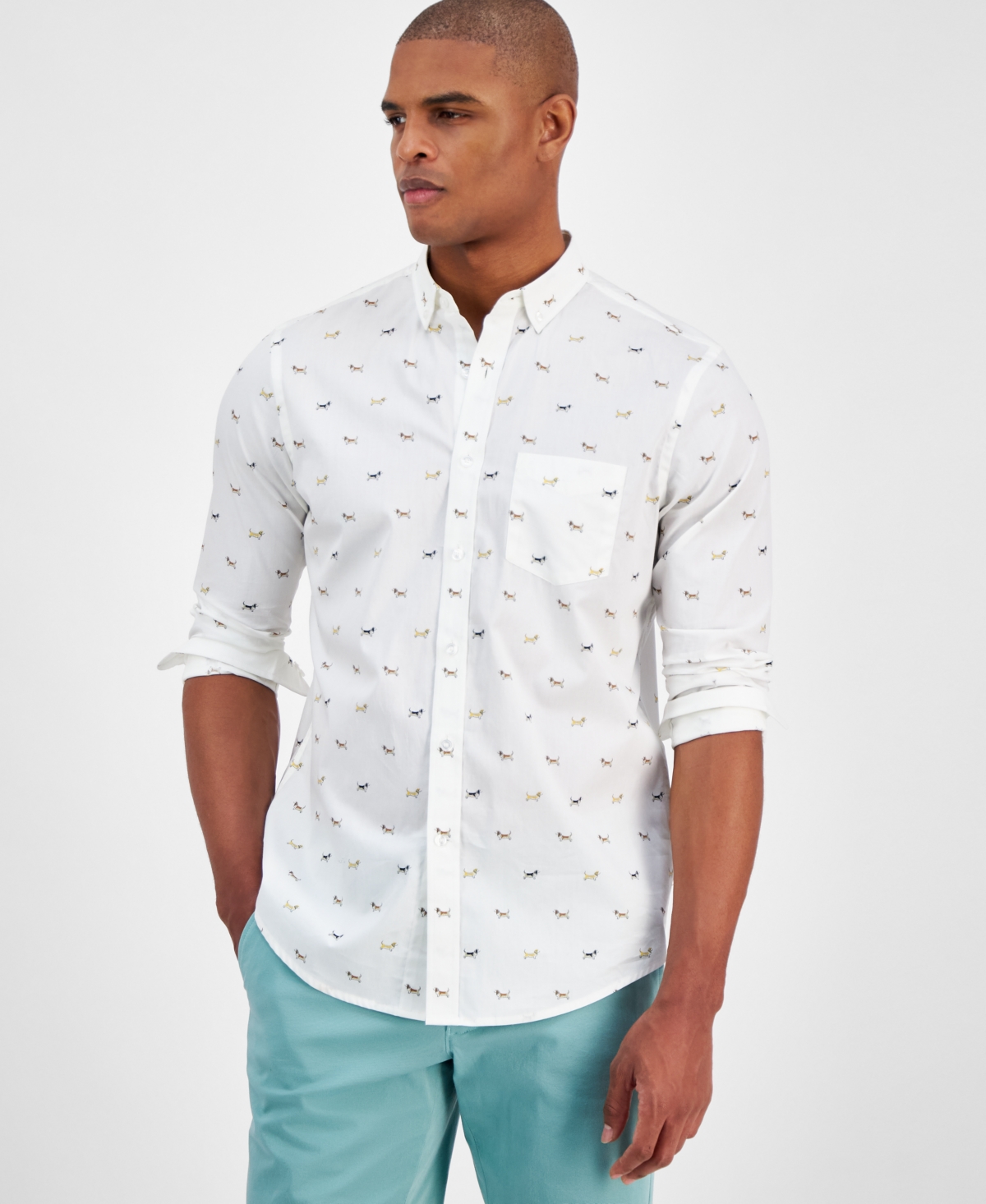 Club Room Men's Hound Dog Print Poplin Long-sleeve Button-down Shirt, Exclusively At Macy's In Winter Ivory