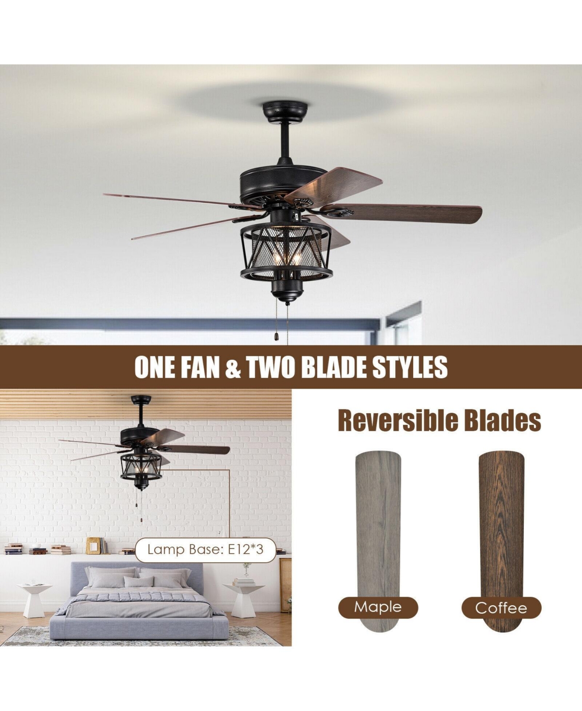 Sugift Inches Ceiling Fan with Lights Reversible Blades and Pull Chain Control