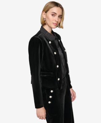 Women's Collarless Velvet Open-Front Jacket with Embellished Buttons