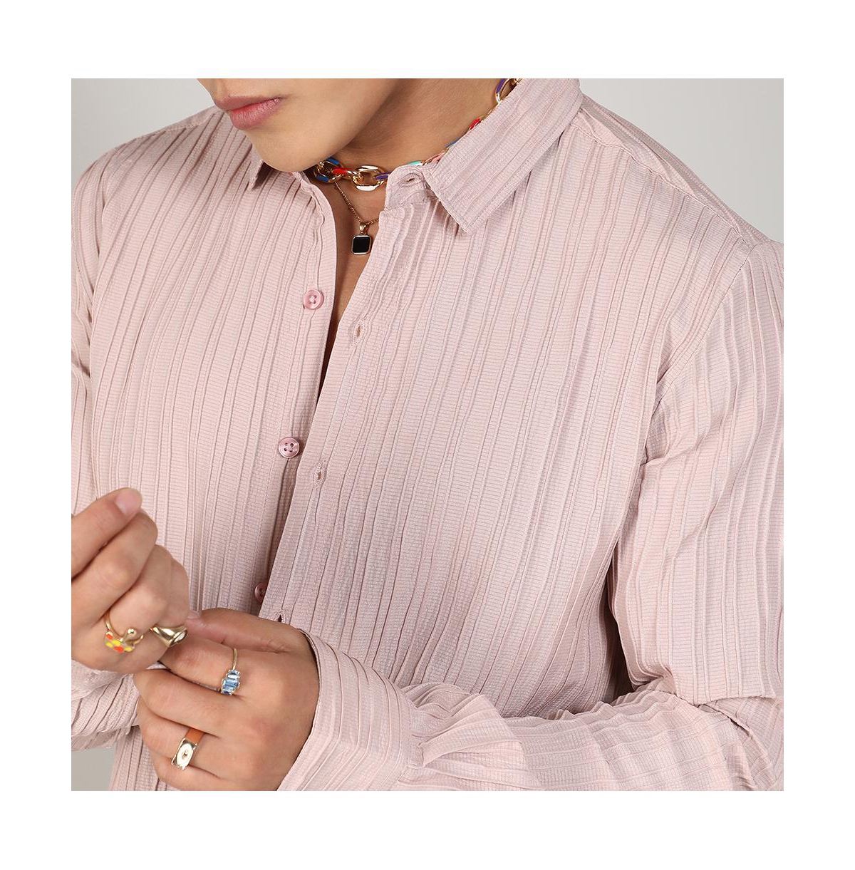 Campus Sutra Men's BlushSelf-Design Striped Shirt - Pink