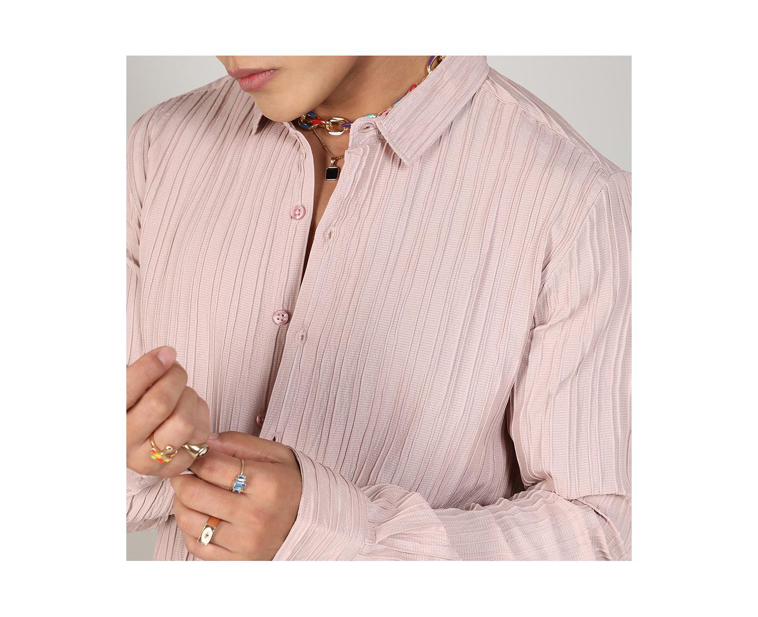 Men's Blush Pink Self-Design Striped Shirt