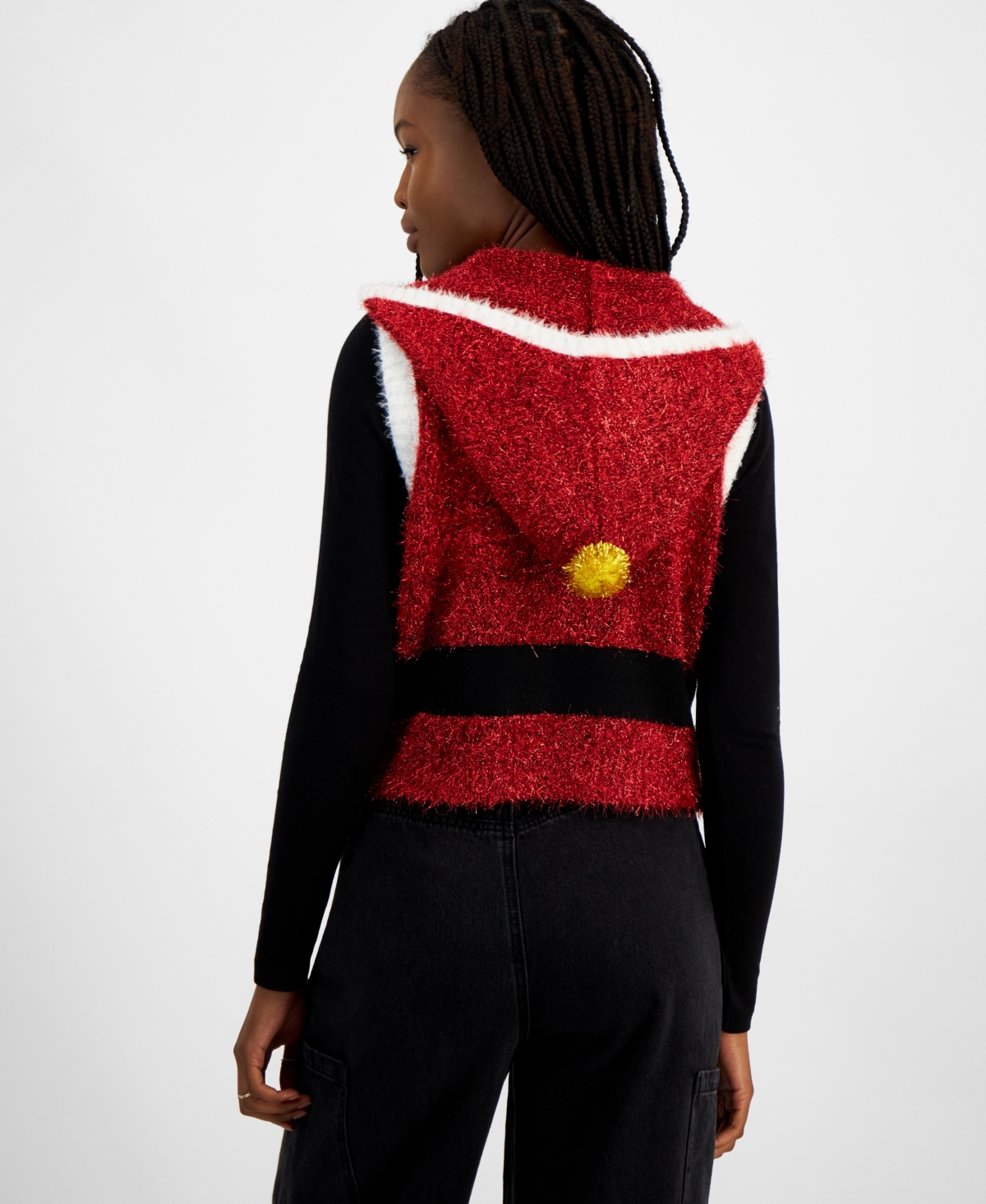 Hooked Up by Iot Juniors' Metallic-Knit Hooded Santa Vest