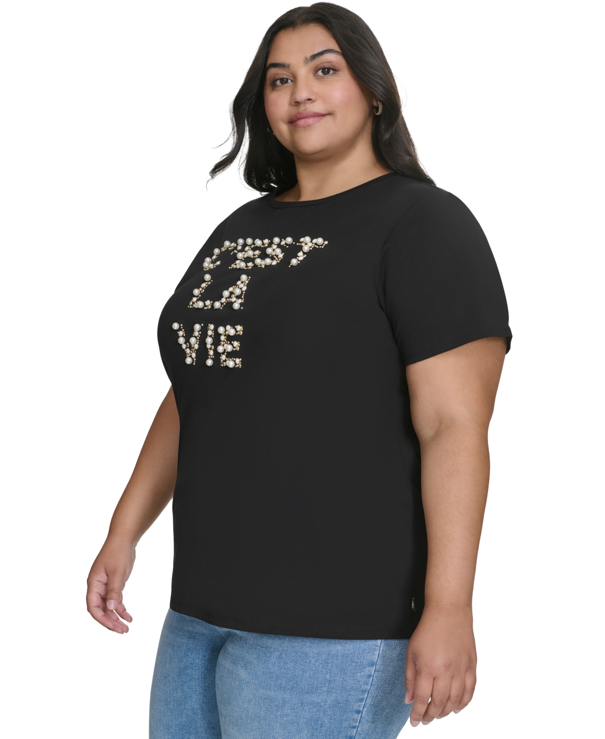 Karl Lagerfeld Paris Plus Size C'est La Vie Embellished T-Shirt, Created for Macy's