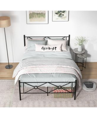 Queen Size Metal Platform Bed Frame w/ Headboard Mattress Foundation Black