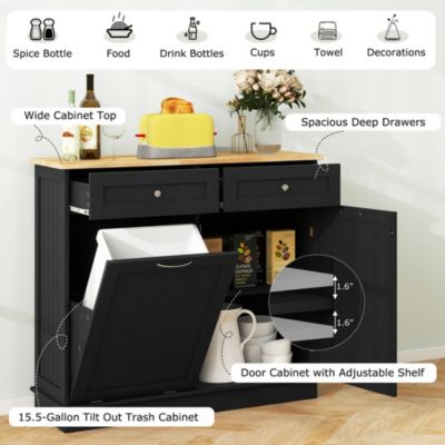 15.5 Gallon Kitchen Tilt Out Trash Cabinet Rubber Wood Tabletop 2 Drawers