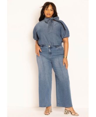 Women's Plus Size Puff Sleeve Chambray Tie Neck Top