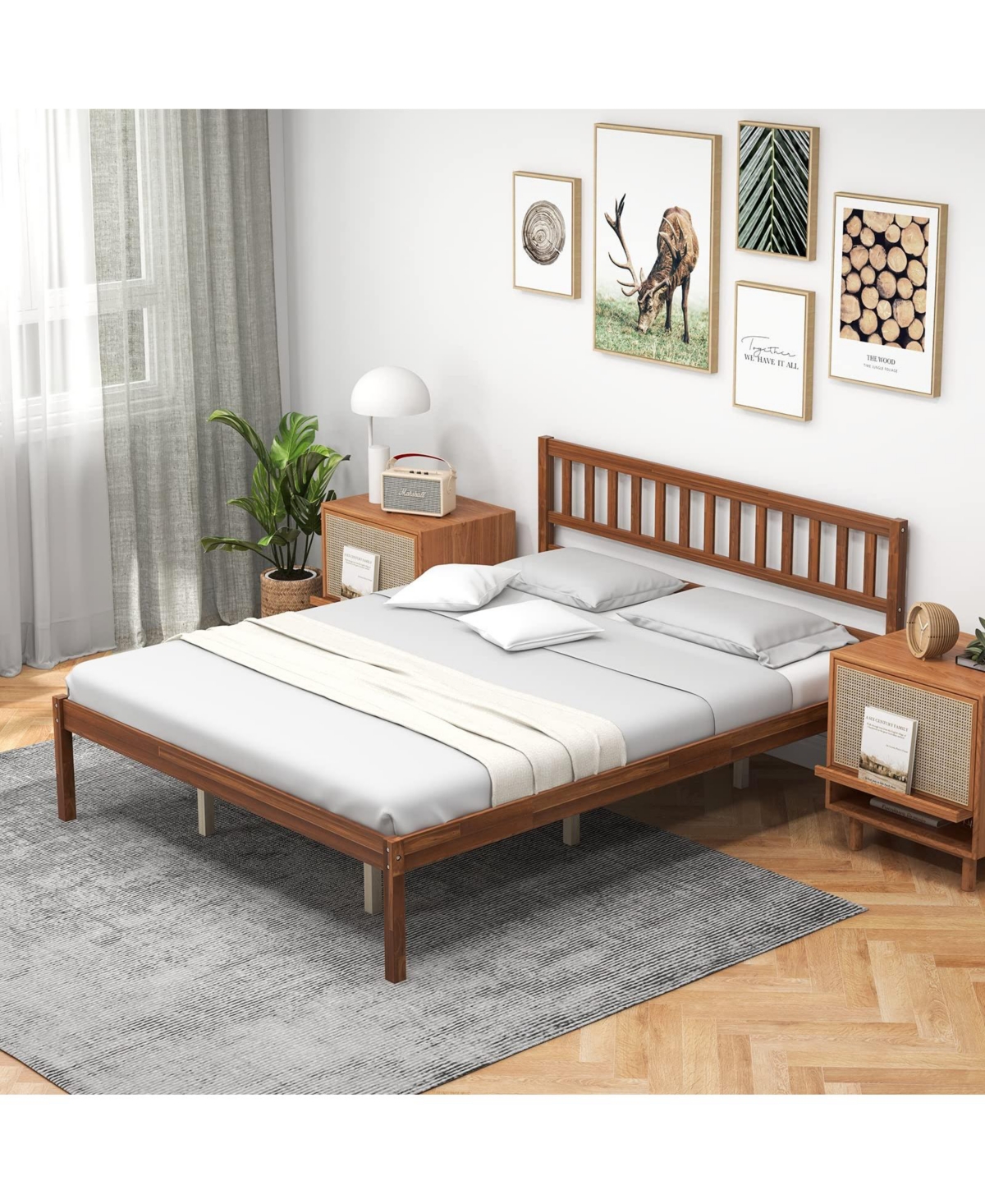 Sugift Queen Size Wood Bed Frame with Headboard and Slat Support-Queen Size