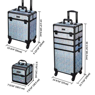 Rolling Makeup Train Case 3-Piece Cosmetic Organizer Kit Trolley Organizer Travel Case Lockable with Wheels, Mermaid Silver