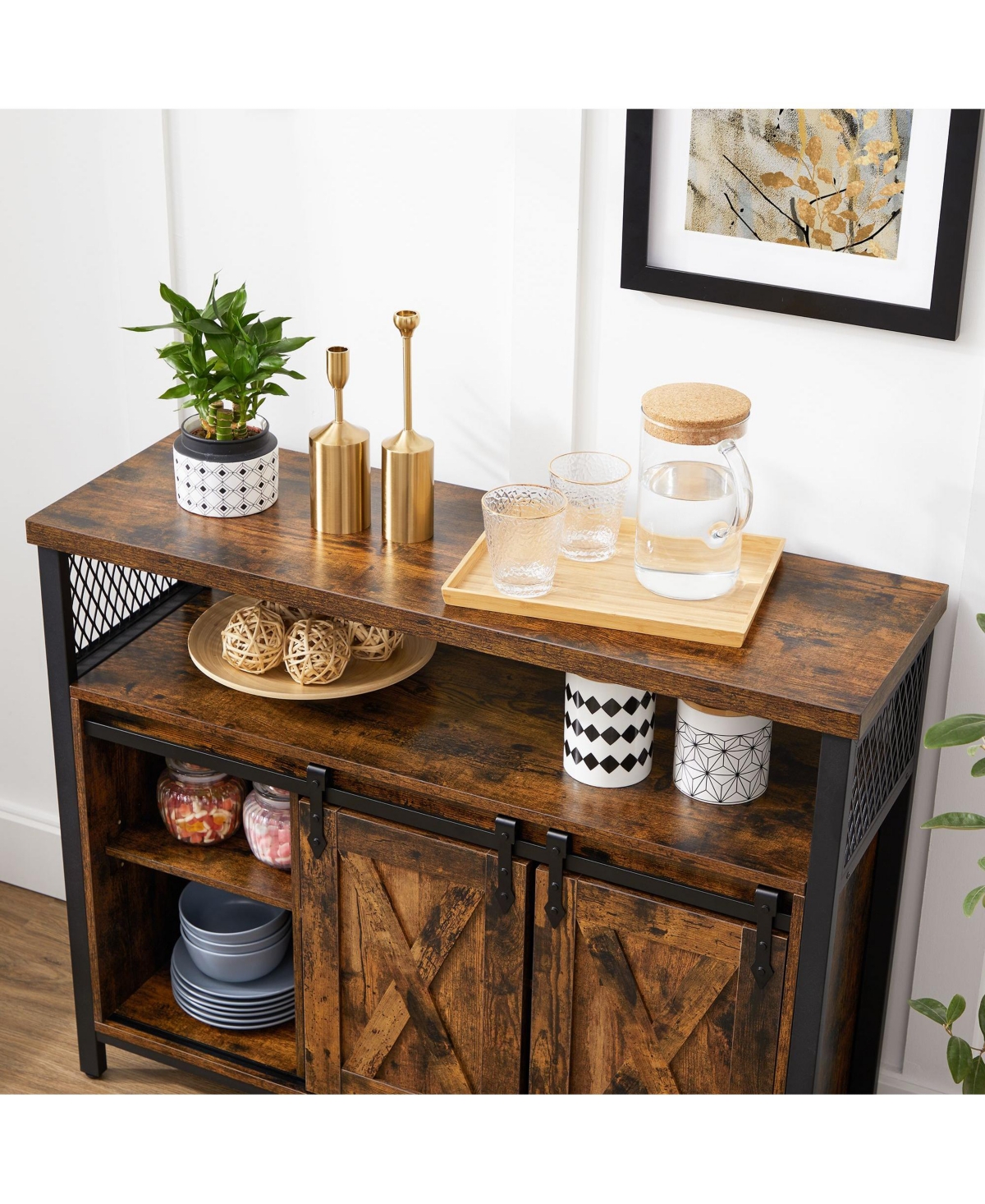 Slickblue Dining Storage Sideboard with Door, Rustic Brown - Rustic Brown and Black