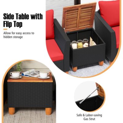 3PCS Patio Rattan Furniture Set Cushioned Sofa Storage Table with Wood Top