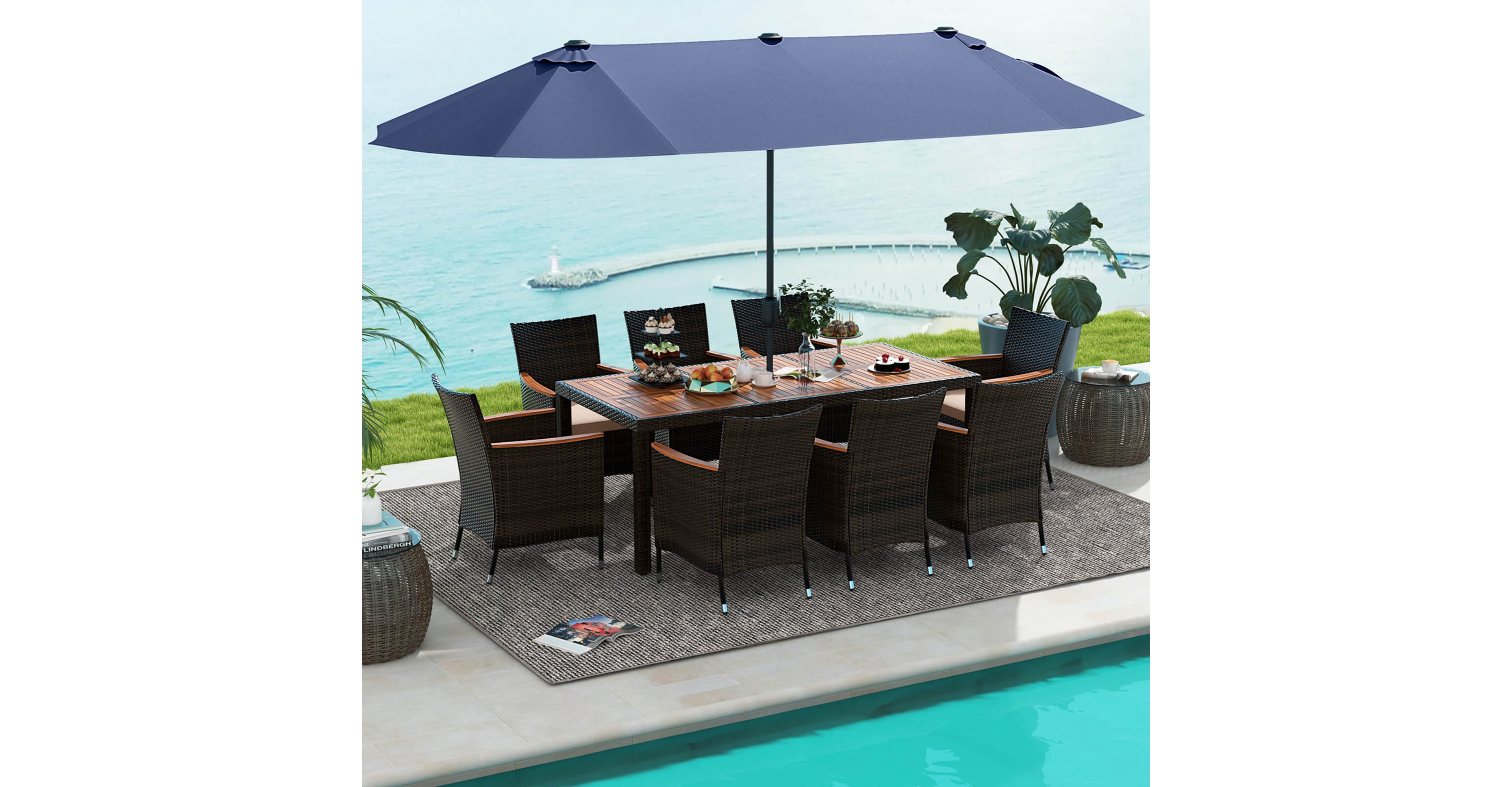 11 Pcs Patio Dining Set with 15ft Double-Sided Umbrella (Base Included)