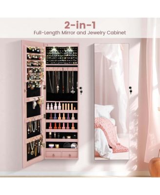 Mirrored Wall & Door Mounted Jewelry Cabinet Storage Organizer with Lights&Drawer