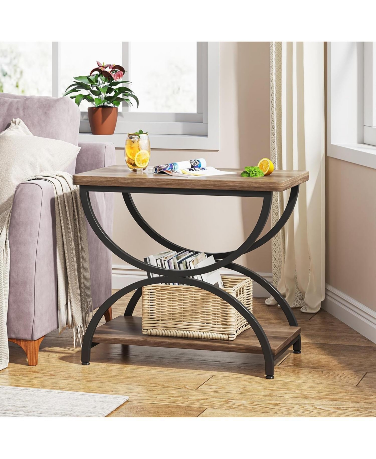 Tribesigns 2-Tier End Side Table with Stylish Metal Frame, Vintage Rectangular Bedside Nightstand for Bedroom, Wood and Metal Chair Side Tables Living