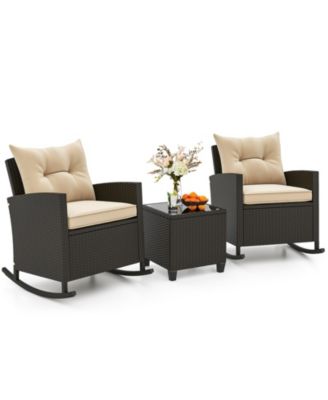 Patio Rattan Roker Chairs with Tempered Glass Table and Soft Cushions