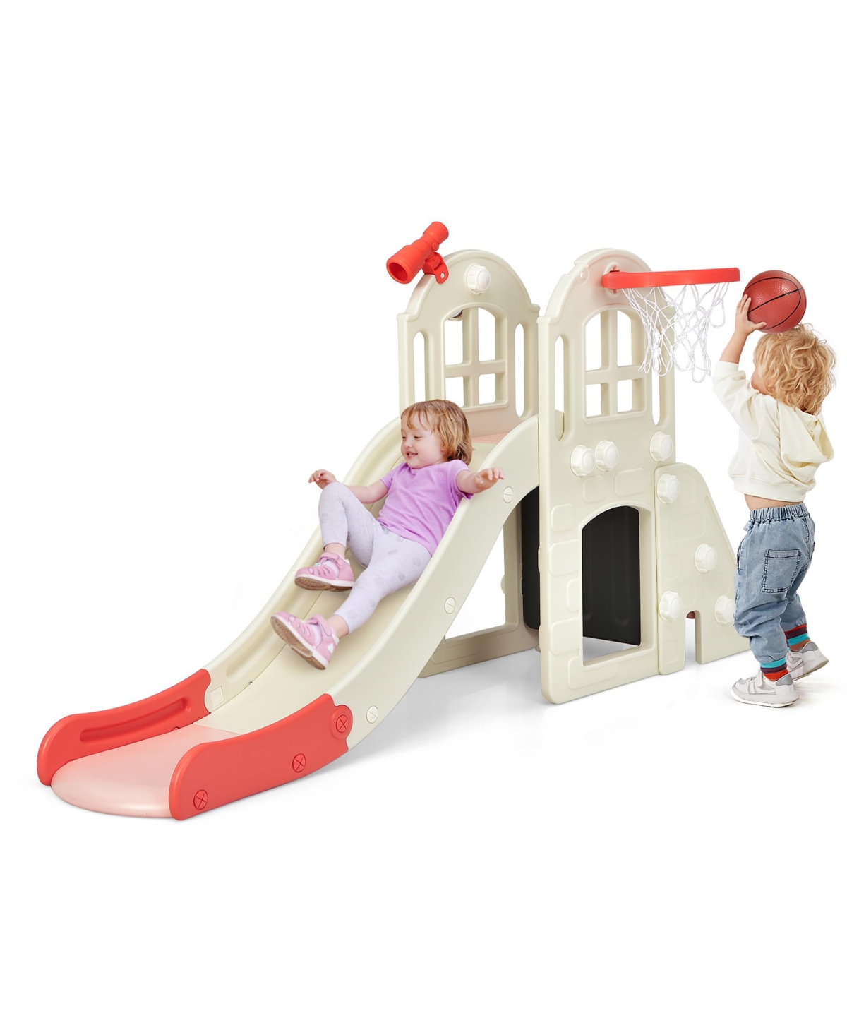 Costway 6-In-1 Large Slide for Kids Toddler Climber Slide Playset w/ Basketball Hoop