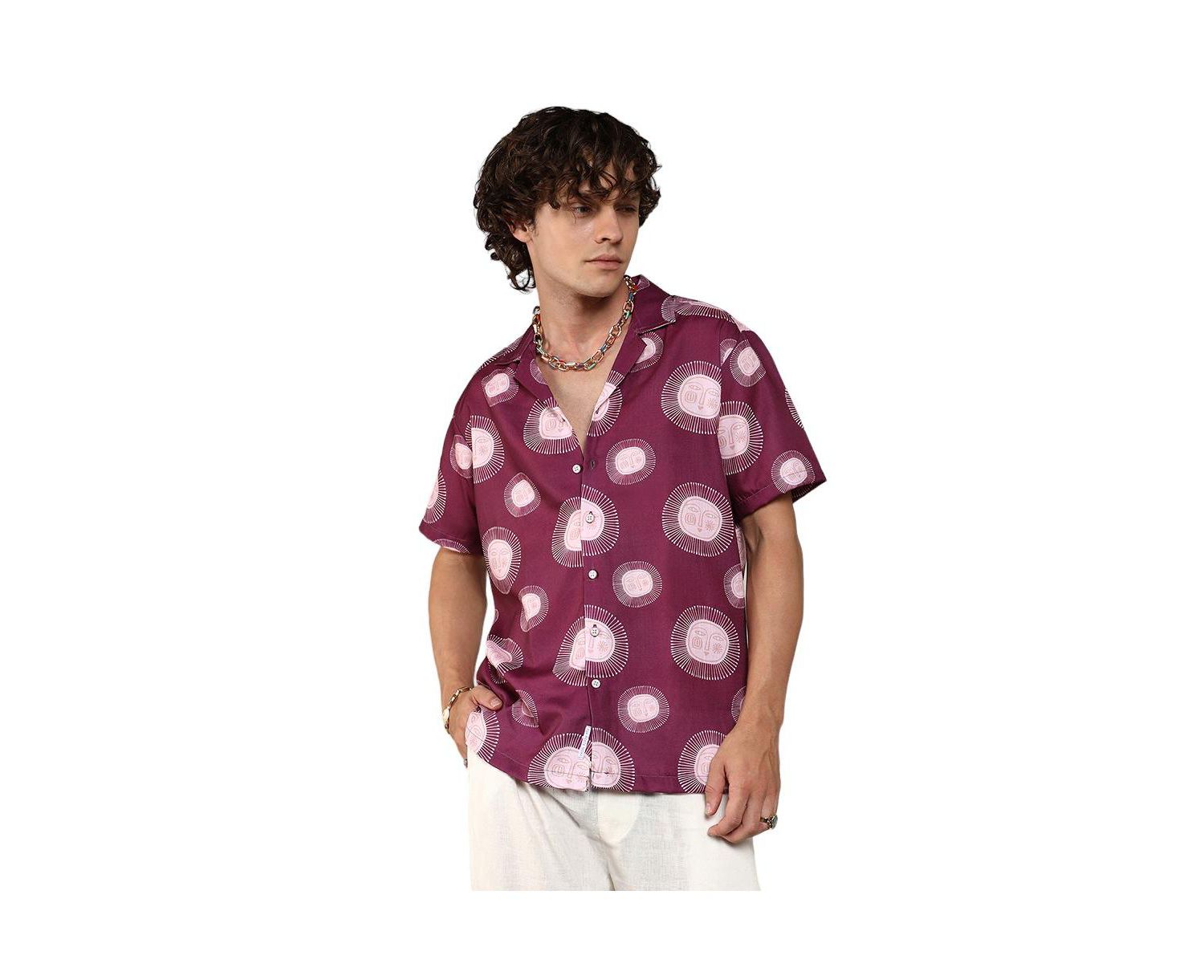 Men's Wine Red Relaxed Face Shirt