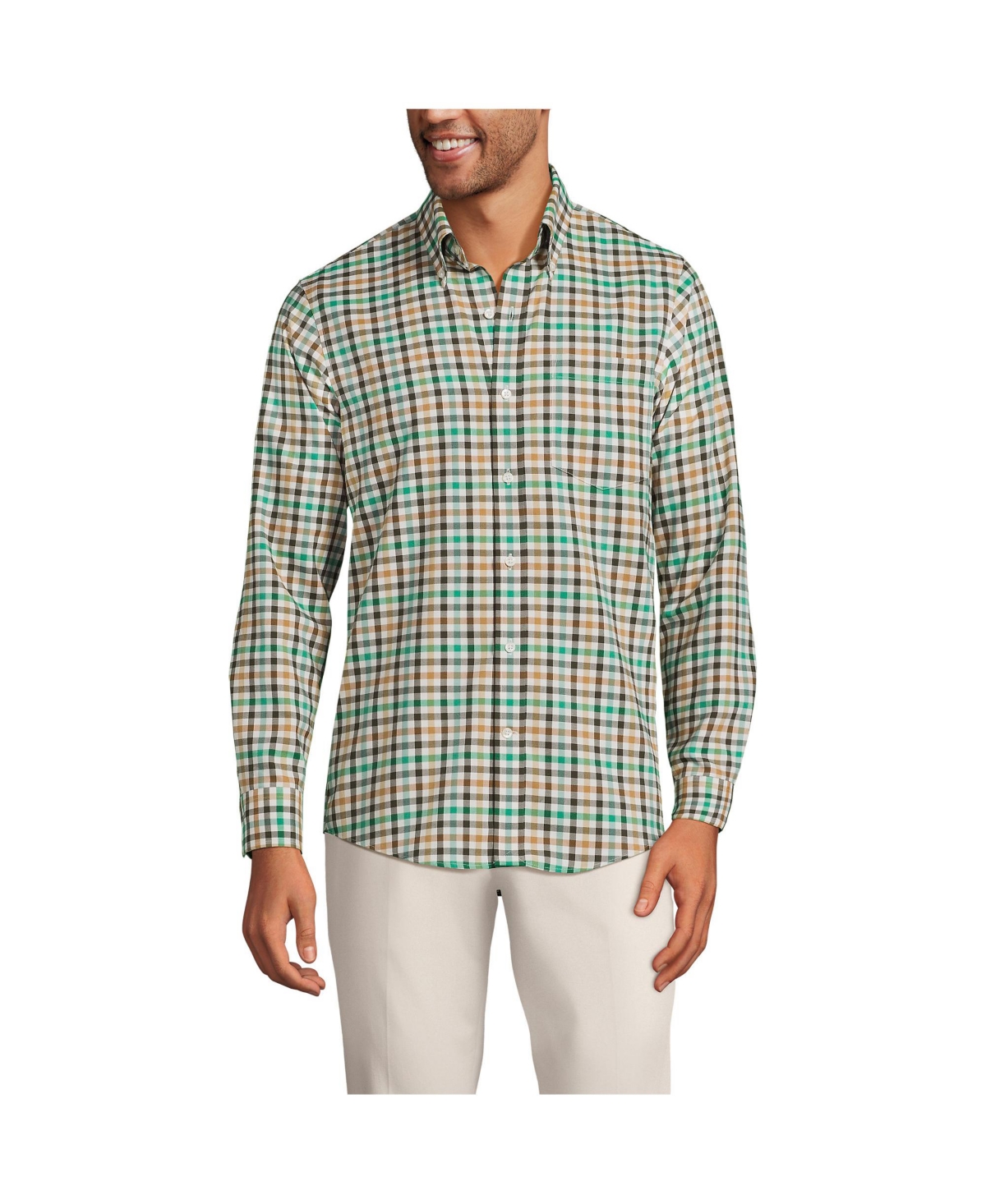 Men's Tailored Fit No Iron Twill Long Sleeve Shirt - Fresh evergreen/green plaid